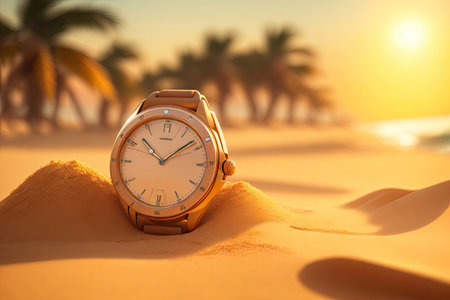 clock on a sandy beach, sand natural background, ai generative.の素材