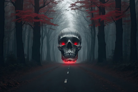 Human skull in fog on the forest mistery road background, ai generative.の素材