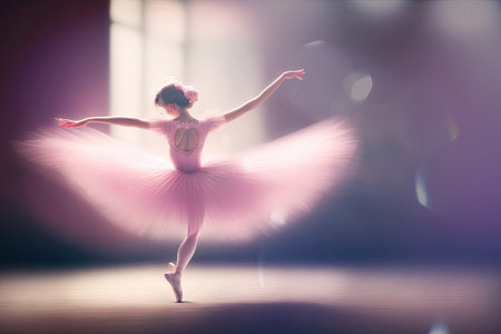 Beautiful female ballet dancer on a pink background. Ballerina is wearing pink tutu in motion, ai generative.の素材