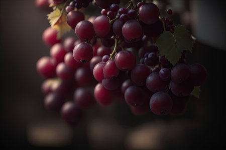 Beautiful grape image. Bunches of ripe red wine grapes on vine branch, dark tone image, ai generative.の素材
