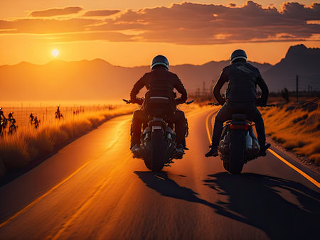 Bikers back view riding at sunset. ai generative.の素材