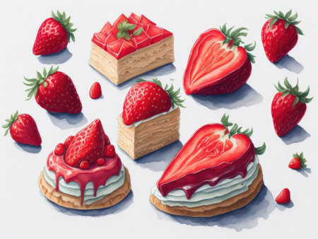 Watercolor Illustrations of Strawberry on white background. ai generative.の素材