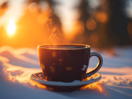 Cup of hot beverage on a breezy winter morning. ai generative.の素材
