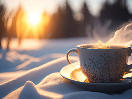 Cup of hot beverage on a breezy winter morning. ai generative.の素材