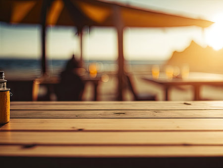 Wooden table top in a beach bar. ai generative.の素材