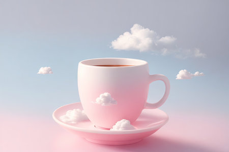 white cup with cloud design background, ai generative.の素材