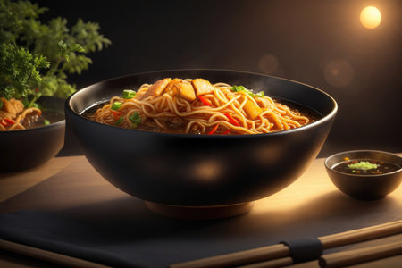 Instant noodles in bowl on wooden table and nature light and black background, ai generative.の素材