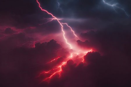 Surreal Pop Art Style Powerful Lightning Strikes in the Bloody Red Night Sky with a Spooky, ai generative.の素材