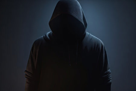 Mysterious man wearing black hoodie using laptop in the dark room. Hacker and cyber security concept, ai generative.の素材