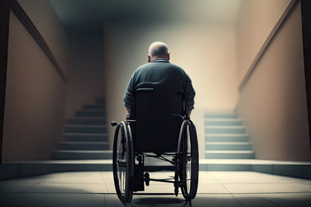 Man disabled person in wheelchair day. Concept assistance disabled persons, stairs for disables, ai generative.の素材
