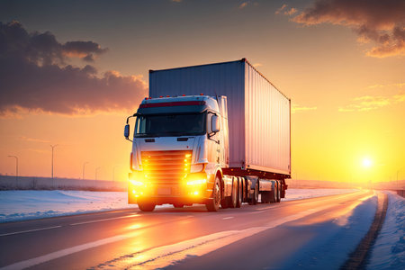 Cargo transportation in difficult conditions. Truck rides on a snowy slope in winter, ai generative.の素材