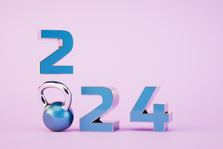 sports in 2024. kettlebell and inscription 2024 on a pastel background. 3D rendering.