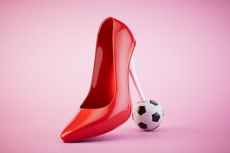 The concept of women's football. A red heeled shoe steps on a soccer ball. 3D rendering.の写真素材