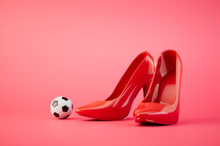 Playing women's football. A red heeled shoes and a soccer ball on a red background. 3D rendering.の写真素材