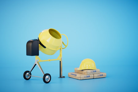 preparation of building materials. spatula, safety helmet cement and concrete mixer on a blue background. 3D rendering.の写真素材