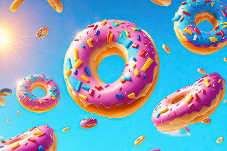 decorated donuts in motion falling on blue background. Sweet and colorful donuts, ai generative.の素材