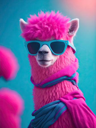 Pink alpaca with sunglasses and a scarf. ai generative.の素材
