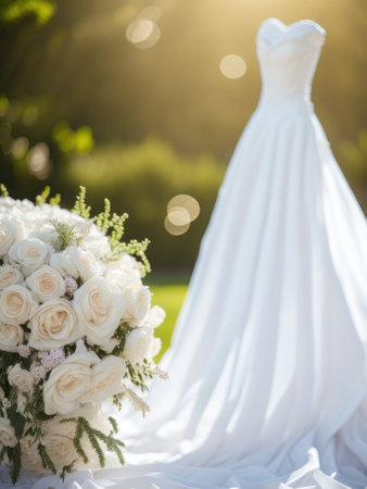 Wedding dress and bridal flowers with copy space. ai generative.の素材