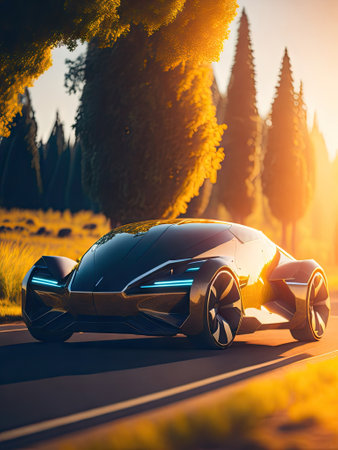 Electric vehicle prototype on the road bokeh. ai generative.の素材