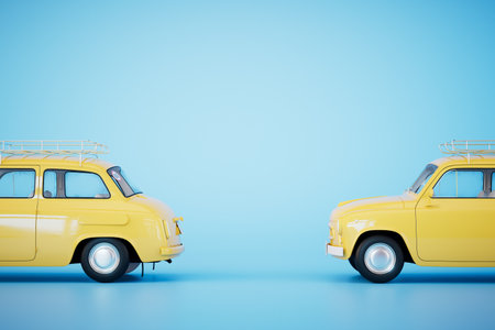 Yellow cars on a blue background. 3D rendering.の写真素材
