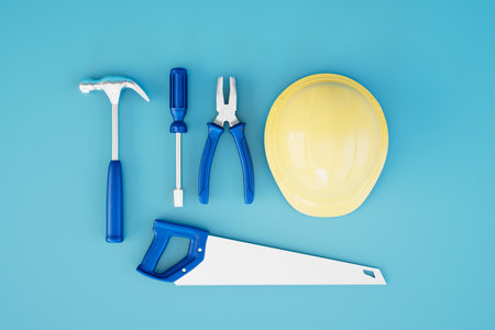 tools for carrying out repair work on a blue background. 3D rendering.