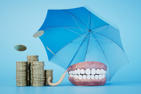 insurance for dental services. teeth and stacks of coins under an umbrella on a blue background. 3D rendering.の写真素材