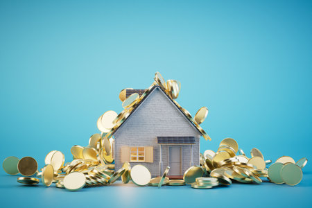 The concept of buying a house. A house among dollar coins on a turquoise background. 3D rendering.の写真素材
