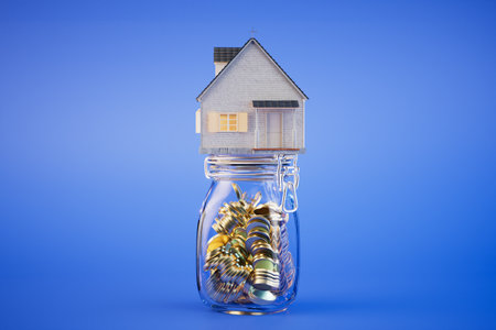 accumulated money for real estate. coins in the bank on which the house stands. 3D rendering.の写真素材