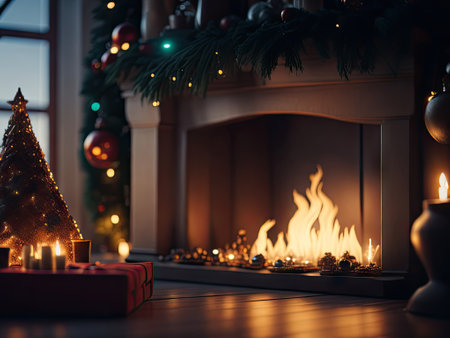 a fireplace with holiday lights. ai generative.の素材