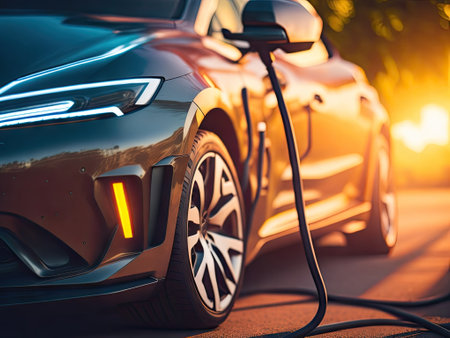 closeup charger EV car with Electric charging. ai generative.の素材