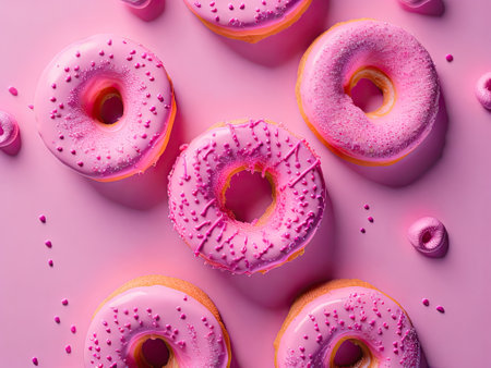 Flat lay Food photo of pink glazed donuts. ai generative.の素材