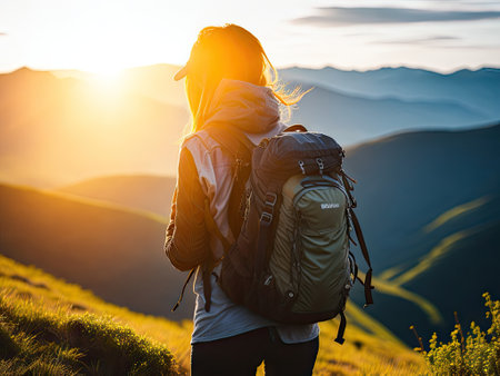 Rear view of female hiker with backpack looking on the mountains. ai generative.の素材
