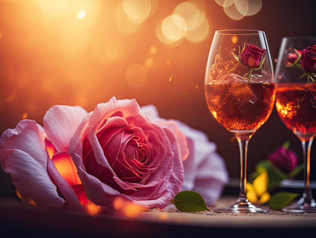 Roses and wine in the romantic bokeh setting. ai generative.の素材