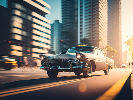 vintage car speeding through intersection. ai generative.の素材