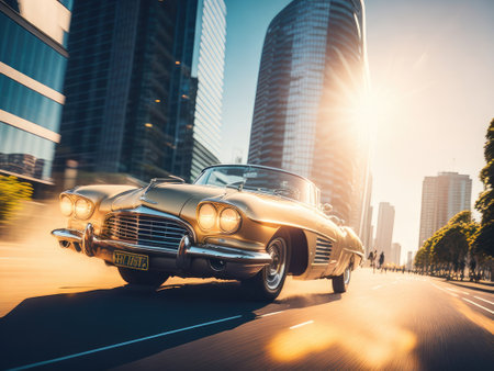 vintage car speeding through intersection. ai generative.の素材