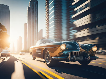 vintage car speeding through intersection. ai generative.の素材