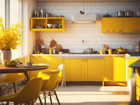 warm and yellow retro kitchen with sleek modern. ai generative.の素材