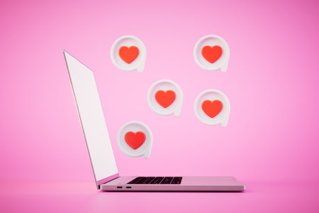 positive assessment of online resources. laptop and like icons flying out of it. 3D rendering.