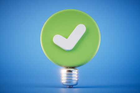 A well-generated idea. A completed task icon and a light bulb on a blue background. 3D rendering.の写真素材