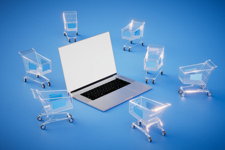 The concept of online shopping. An open laptop and many carts around it on a blue background. 3D rendering.の写真素材
