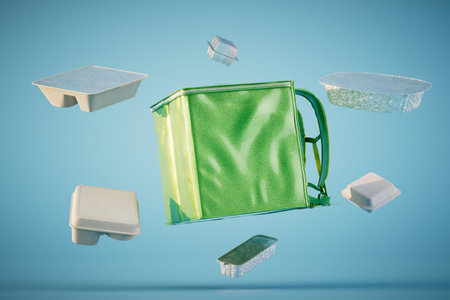 containers and a bag for food delivery, scattered on a pastel background. 3D rendering.