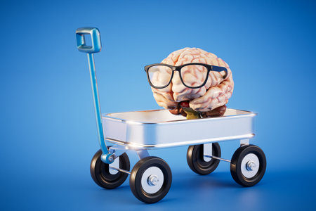 Brain with glasses in a cart on a blue background. 3D rendering.