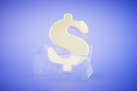 Frozen dollar exchange rate. dollar frozen in an ice cube on a blue background. 3D rendering.の写真素材
