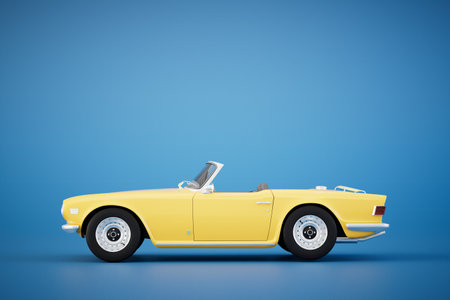 Yellow car with a folding roof on a turquoise background. 3D rendering.の写真素材