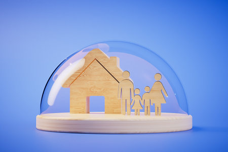 life and home insurance. house and silhouettes of people under a glass cover. 3D rendering.の写真素材