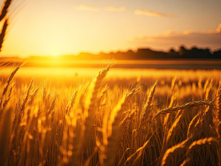 a field of ripe wheat at sunset. ai generative.の素材