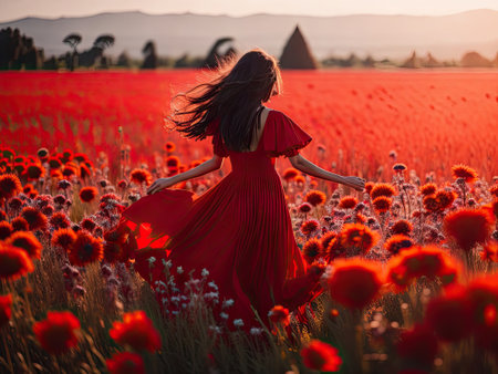 a red dressed woman back view dancing on the flowers field. ai generative.の素材