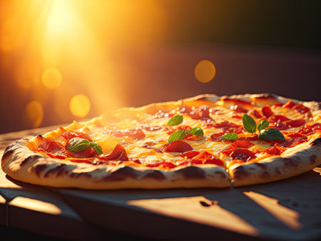 Tasty pizza top view bright image. ai generative.の素材