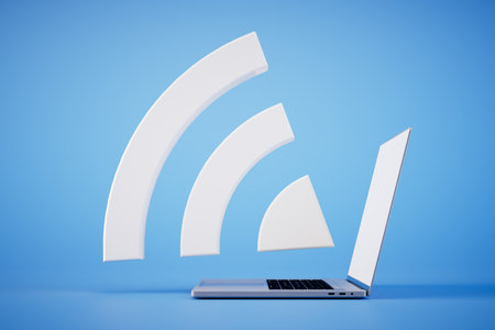 The concept of connecting Wi-Fi. An open laptop and a Wi-Fi icon on a blue background. 3D rendering.の写真素材