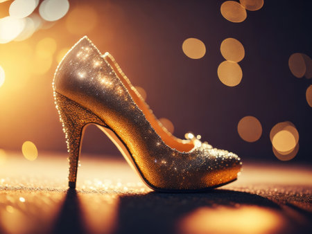High heel fashion shoes with glitter bokeh. ai generative.の素材
